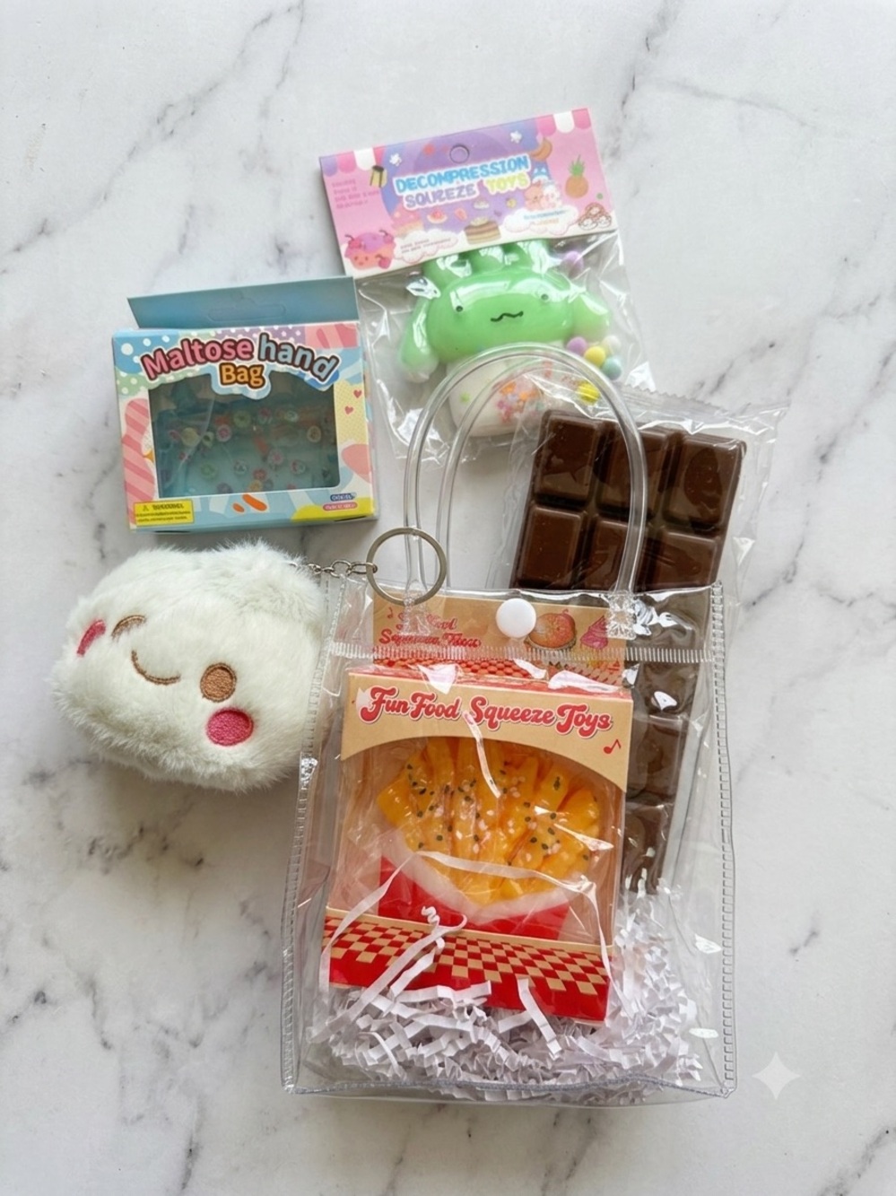 Fun Food Squeeze Toys Clear Gift Bag with Plush White Smile